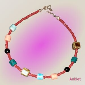 10in Coral & bead anklet or large bracelet vintage s hook clasp silvertone